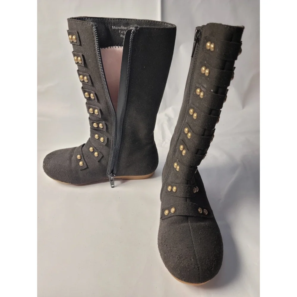 LIVEMIA Tall Boots Kids Black Studded Microfiber Leather Faux Fur Lined‎ Size 10